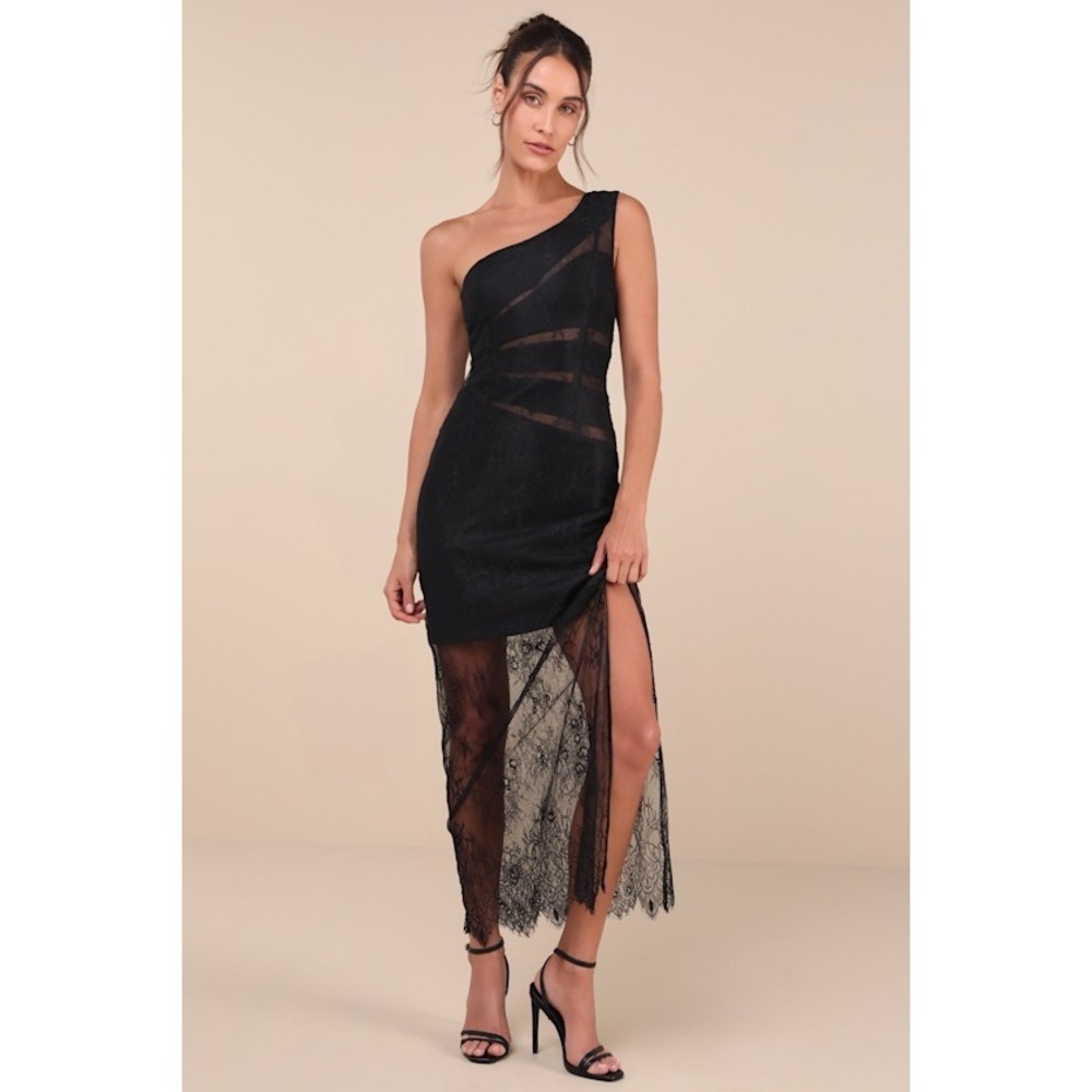 Lulus Sensational Flirt Black Sheer Lace One-shoulder Maxi Dress - Size M
